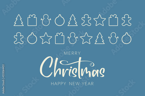 Card with lettering and Christmas decorations. Merry Christmas and Happy New Year. Vector illustration