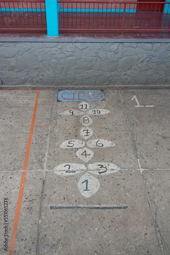 game of Hopscotch, rayuela,  graffiti on the concrete.