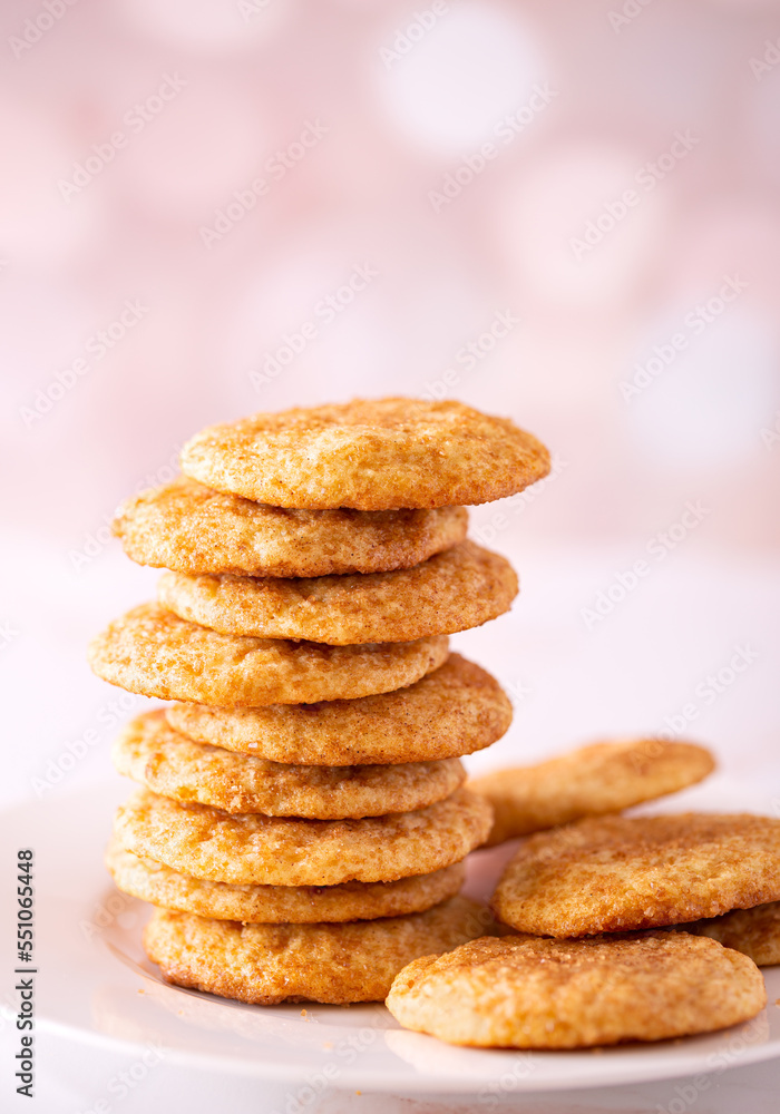 Stack of homemade snickerdoodle cookies in a white plate on a pink bokeh effect background with copy space Stack of homemade snickerdoodle cookies in a white plate on a pink bokeh effect background with copy space