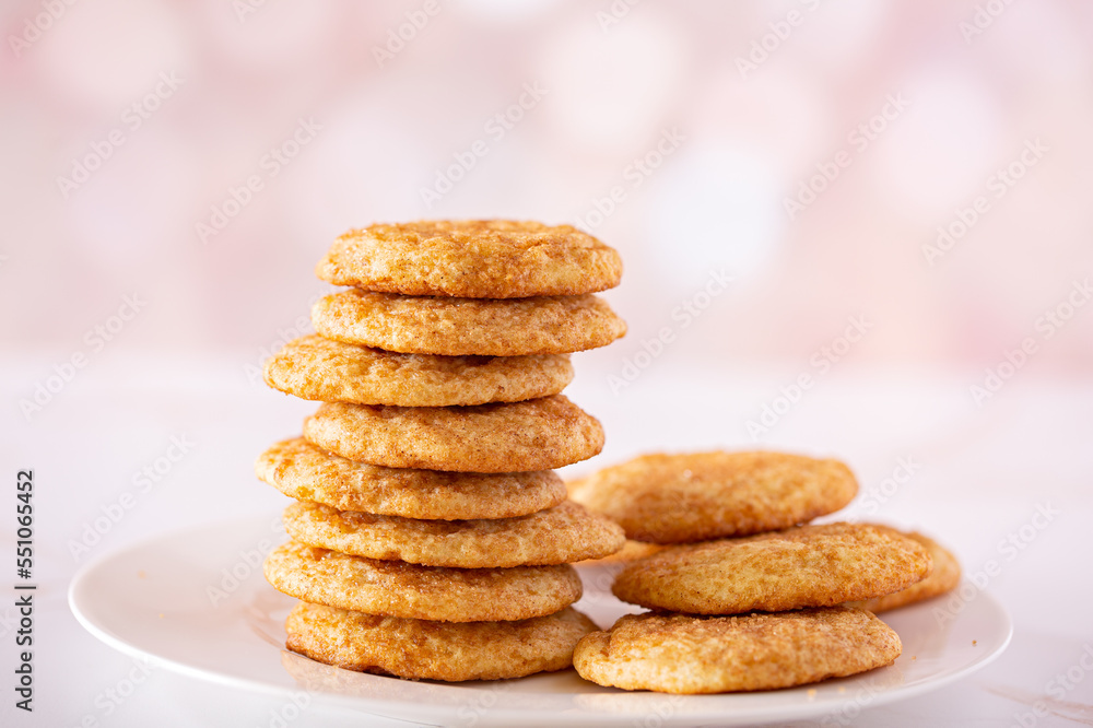Stack of homemade snickerdoodle cookies on a white plate on a pink bokeh effect background with copy space Stack of homemade snickerdoodle cookies on a white plate on a pink bokeh effect background with copy space