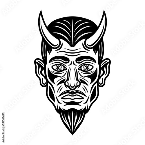 Devil or lucifer head with horns vector monochrome illustration in vintage style isolated on white background
