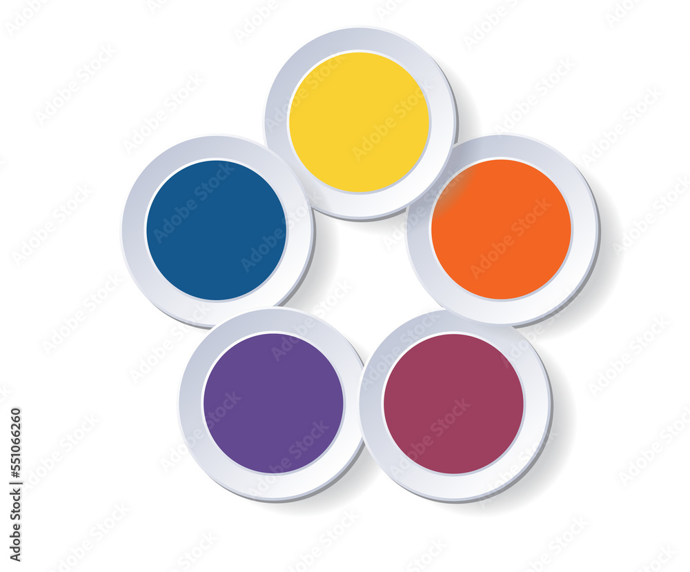 Colorful cyclic infographics from circles, template with shadow for 5 positions Colorful cyclic infographics from circles, template with shadow for 5 positions