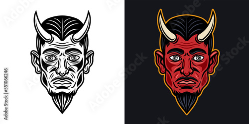 Devil or lucifer head with horns in two styles black on white and colorful on dark background vector illustration