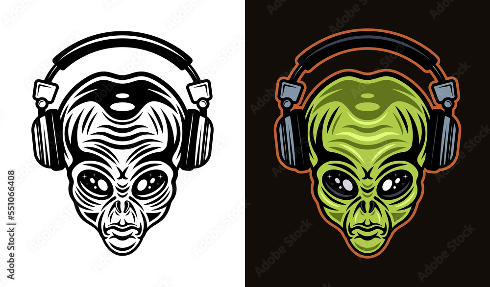 Alien head in headphones set of vector illustration in two styles black