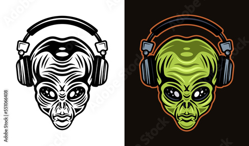 Alien head in headphones set of vector illustration in two styles black on white and colorful on dark background
