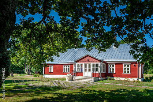 View of the Ruhnu Elementary School. Traditional wooden house and courtyard. Estonia. Baltic