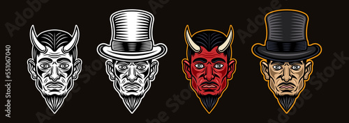Devil or lucifer head with horns and in cylinder hat characters set of vector colorful, black and white objects or elements for your design