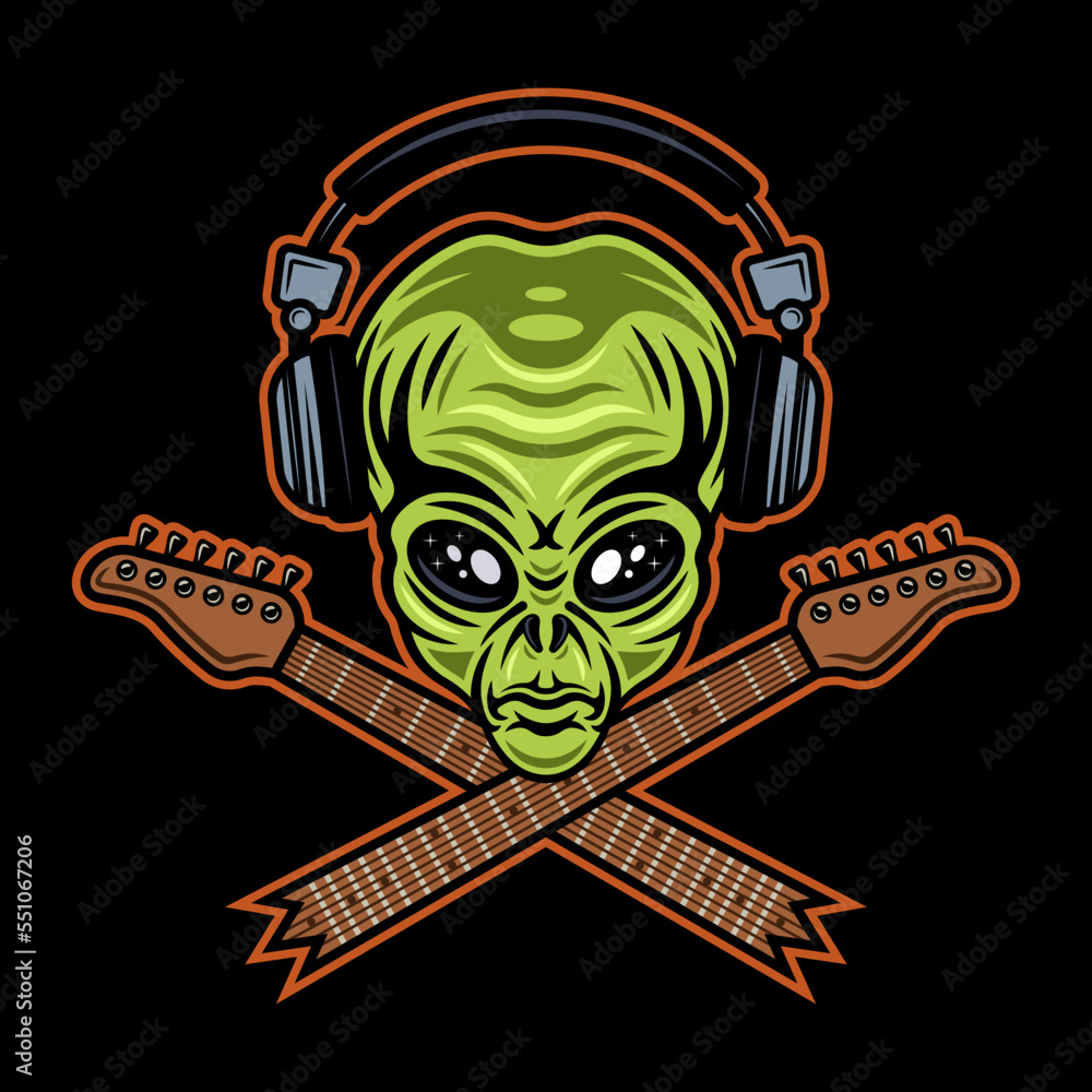 Alien green head in headphones and two crossed guitar neck character