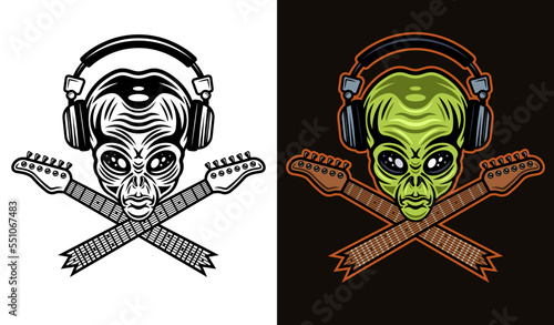 Alien head in headphones and two crossed guitar neck set of vector illustration in two styles black on white and colorful on dark background