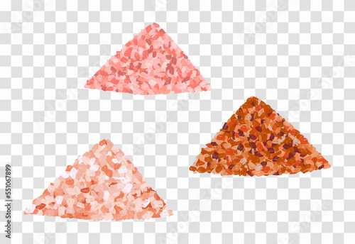 A set of piles of himalayan pink of brown sugar or salt. Realistic vector illustration isolated on transparent background.