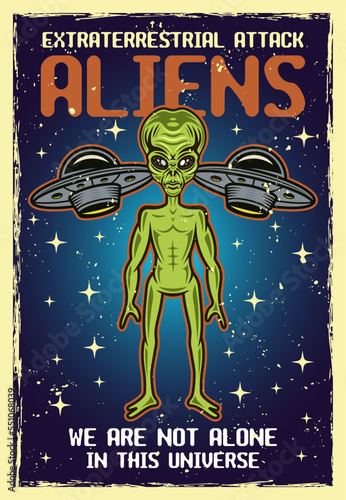Alien full body and ufo colored vector cartoon decorative poster with textures and sample text on separate layers