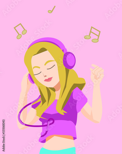 headphone woman listening to music, instruments and chords