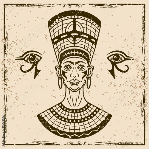 Ancient egyptian queen nefertiti vector illustration in vintage style on background with removable textures