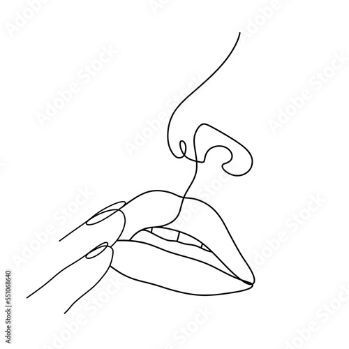 Linear woman lips. Permanent makeup and microblading. Mouth and nose icon on white background. Abstract minimalistic female portrait. Modern vector illustration.