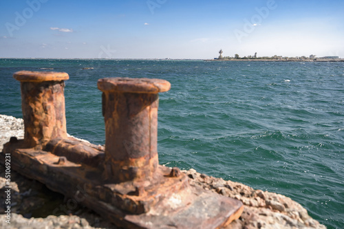 Lighthouse and old pier on Donuzlav lake. Crimea