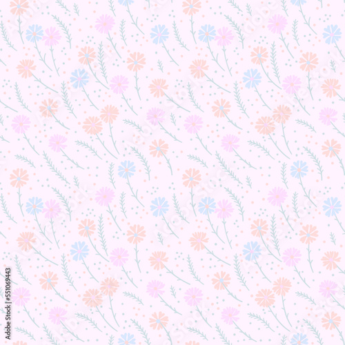 Vector seamless pattern with wildflowers and herbs. Elegant green stems. Warm pink pastel colors.