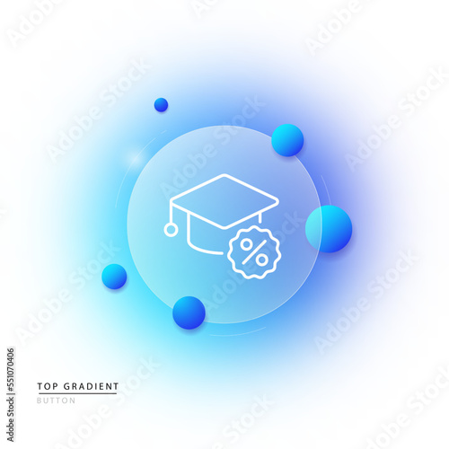 Academic cap with percent line icon. Cheap higher education, discounts, knowledge, wisdom, bachelor's degree, master's degree, study abroad, student, lecture. Education concept. Glassmorphism style