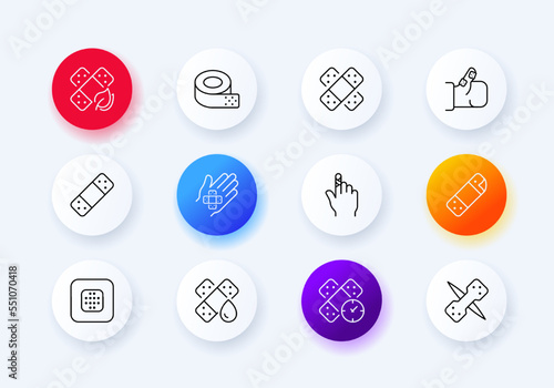 Band aids set icon. Bruise, abrasion, wound, cut, finger, skein of adhesive plaster, time, clock, eco friendly, bandage, leaf. Healthcare concept. Neomorphism style. Vector line icon for Business