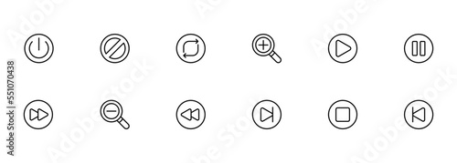 Control buttons set icon. Power, shut down, delete, zoom in and out, play, pause, rewind, stop, next, player, watch movie, video. Technology concept. Vector line icon for Business and Advertising