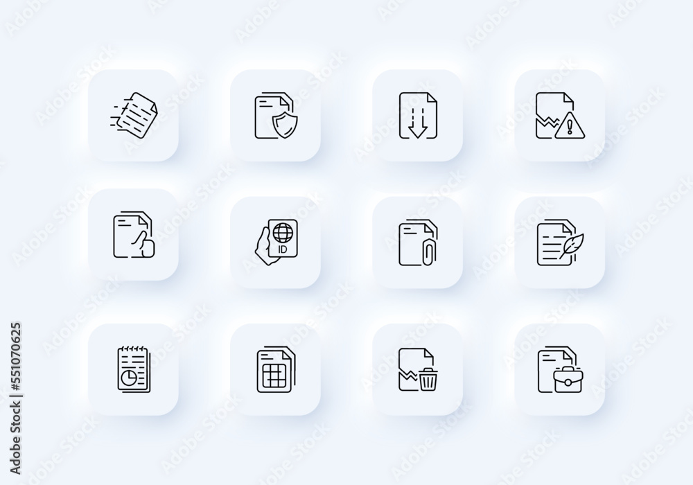 Documents set icon. Paper, insurance, contract, agreement, download, secret archive, international passport, paper clip, schedule, literature, pen. File management concept. Neomorphism style Documents set icon. Paper, insurance, contract, agreement, download, secret archive, international passport, paper clip, schedule, literature, pen. File management concept. Neomorphism style