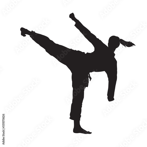 Illustration female karate fighter wearing uniform isolated vector silhouette. On white background.