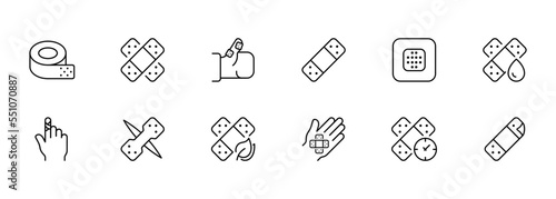 Band aids set icon. Paper plaster, clock, time, wound, bruise, abrasion, cut, postoperative suture, water, sheet, bandage. Healthcare concept. Vector line icon for Business and Advertising