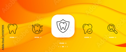 Dentistry set icon. Stomatology, tooth enamel, treatment, caries protection, shield, tick, magnifier, drill, prosthesis, veneer, dentist, white smile. Healthcare concept. Infographic timeline