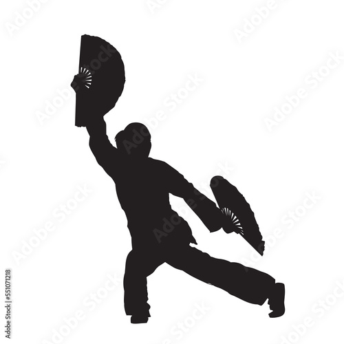 silhouette of a female wushu athlete dancing with a traditional fan in hand. Vector illustration.