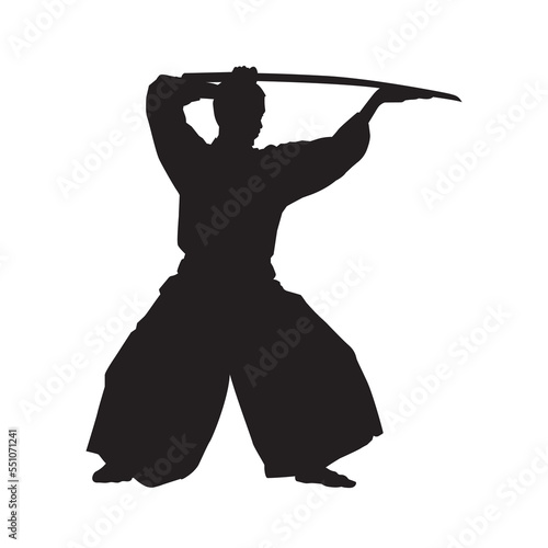 Japanese kendo martial arts wearing protective armor and use bamboo swords. Vector silhouette. 