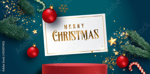 Merry Christmas banner with product display cylindrical shape and festive decoration