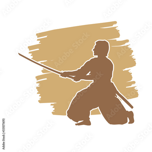 Japanese kendo martial arts wearing protective armor and use bamboo swords. Vector silhouette. 