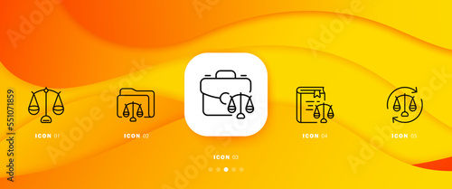 Trial set icon. Judicial scales, case, lawyer, jurist, judge, convict, law, constitution, rights and obligations of citizens, jury. Justice concept. Infographic timeline with 5 steps. Vector line icon