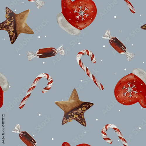 Watercolor Christmas seamless pattern. Christmas chocolate star, candy cane, mitten gingerbread cookies pattern.