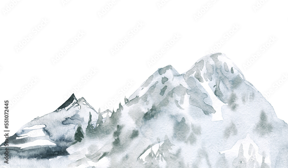 Mountains landscape graphic. Watercolor blue hills illustration, isolated on white background.