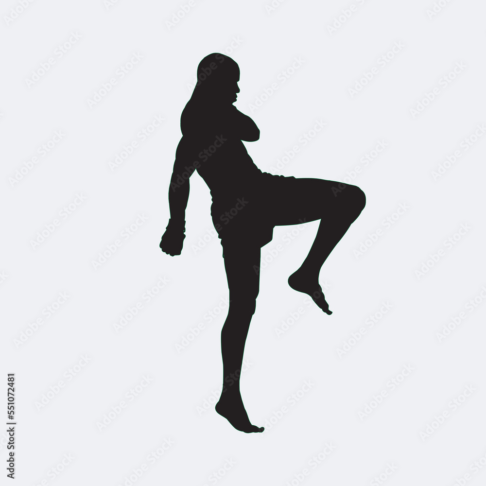 Illustration kickboxing fighter isolated vector silhouette. On white background.