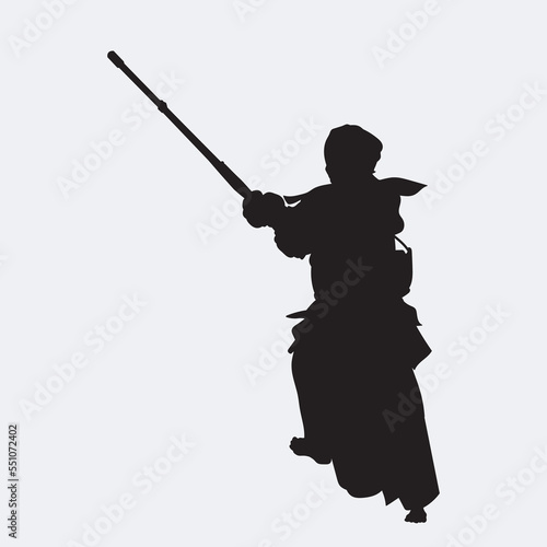 Japanese kendo martial arts wearing protective armor and use bamboo swords. Vector silhouette. On white background.