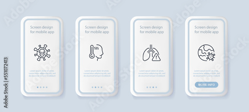 Viruses set icon. Skull, fatal disease, temperature, fever, lungs, pneumonia, bronchitis, cough, planet, coronavirus, pandemic, epidemic. Healthcare concept. UI phone app screens. Vector line icon