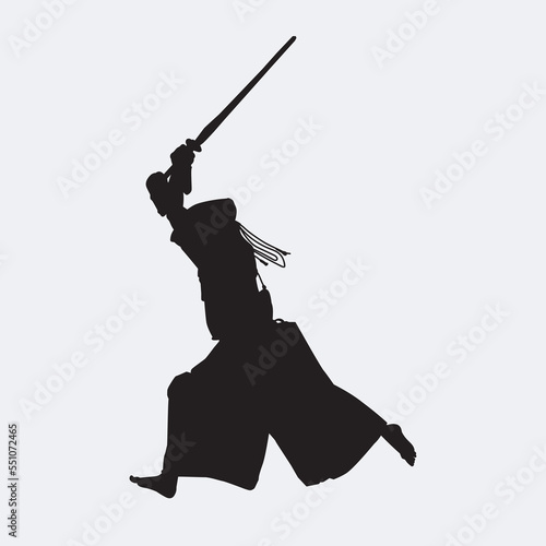Japanese kendo martial arts wearing protective armor and use bamboo swords. Vector silhouette. On white background.