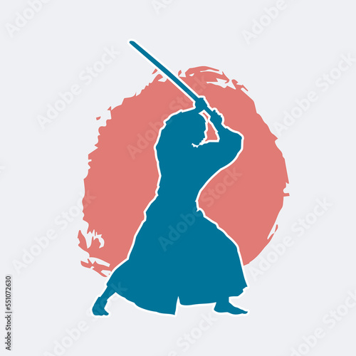 Japanese kendo martial arts wearing protective armor and use bamboo swords. Vector blue silhouette. 