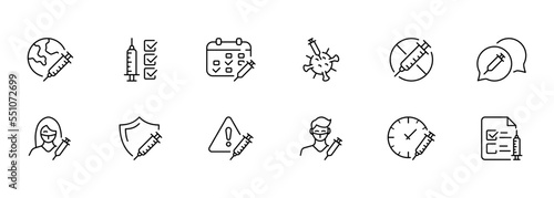 Vaccination set icon. Syringe, injection, schedule, calendar, virus, covid 19, coronavirus, viral infection, immunity, immune system, doctor, danger. Healthcare concept. Vector line icon for Business