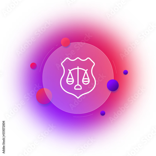 scales of justice line icon. Shield, coat of arms, court, judge, defendant, convict, lawyer, lawyer, rights, laws, constitution. Trial concept. Glassmorphism style. Vector line icon for Business