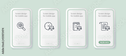 Trial set icon. Judicial scales, case, lawyer, jurist, judge, convict, law, constitution, rights and obligations of citizens, jury. Justice concept. UI phone app screens. Vector line icon for Business