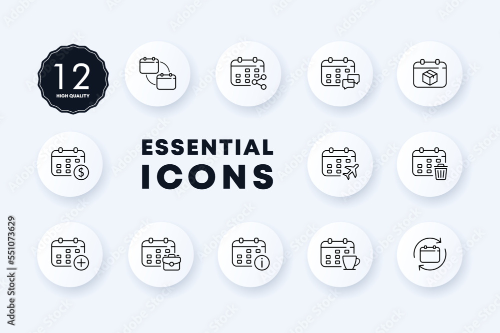 Calendar set icon. Time management, planned trips, birthdays, weekends, black friday, sale day, reminder, add an event. Punctuality concept. Neomorphism style. Vector line icon for Business Calendar set icon. Time management, planned trips, birthdays, weekends, black friday, sale day, reminder, add an event. Punctuality concept. Neomorphism style. Vector line icon for Business