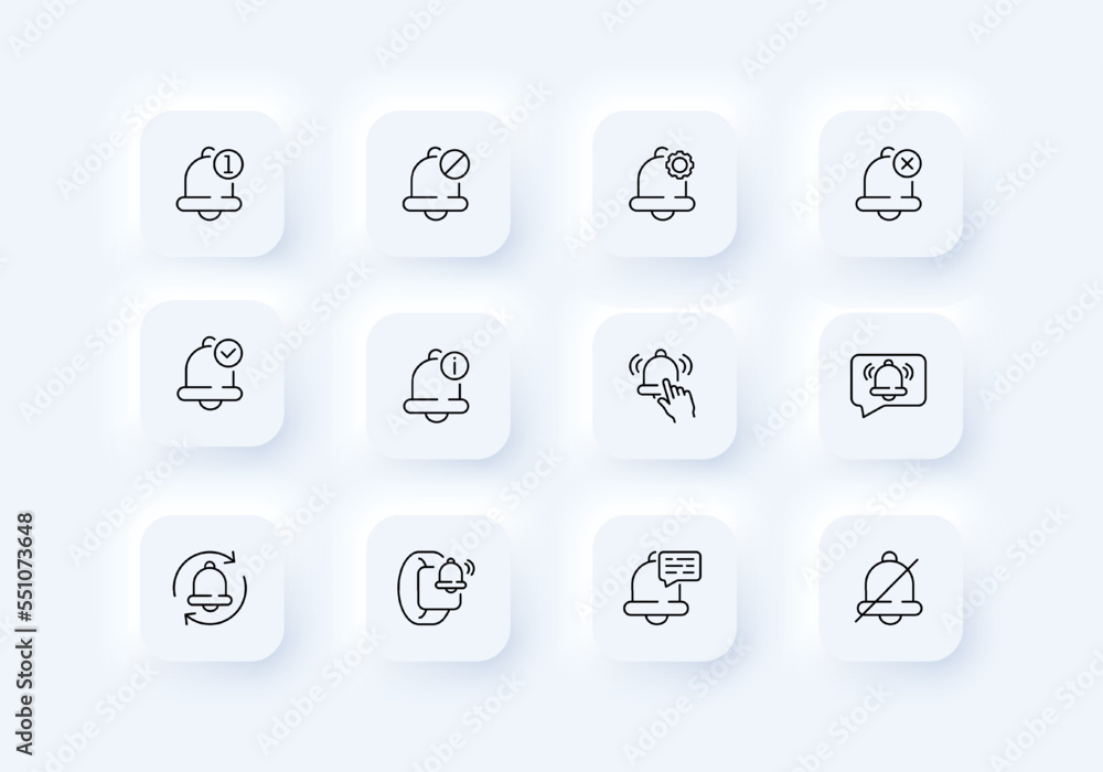 Ringing bell line icon. Reminder, notification, ring, doorbell, jingle, ringtone, message, call, alarm clock. Sound concept. Neomorphism style. Vector line icon for Business and Advertising Ringing bell line icon. Reminder, notification, ring, doorbell, jingle, ringtone, message, call, alarm clock. Sound concept. Neomorphism style. Vector line icon for Business and Advertising