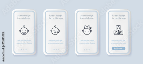 Children set icon. Newborn, nipple, baby, sleep, girl, boy, cry, cubes, temperature, spoon, feed, love, care, pacifier, kid, child. Childhood concept. UI phone app screens. Vector line icon