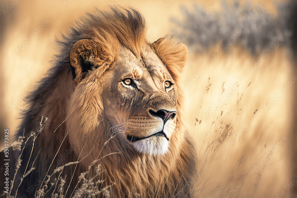Wild African lion in the savanna. Digital art Wild African lion in the savanna. Digital art