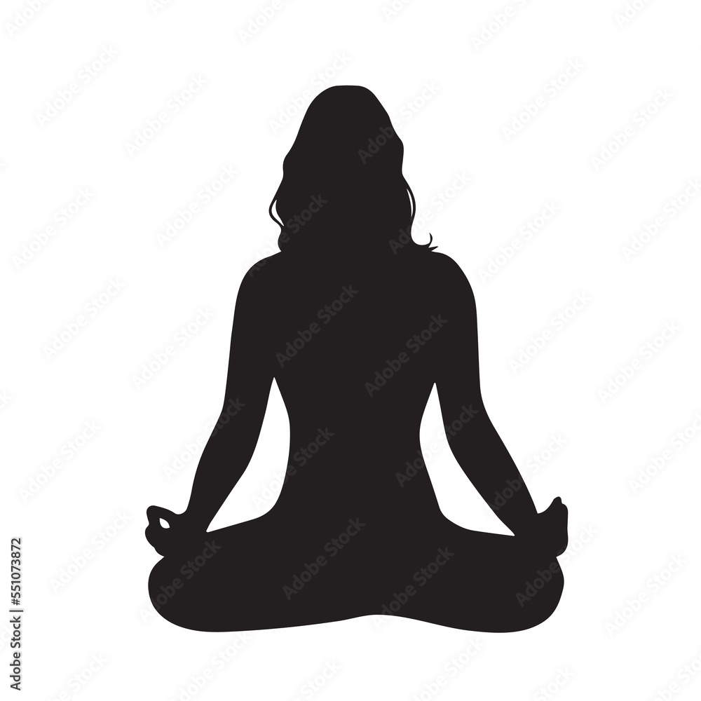 Adult women with curly long hair with sitting yoga pose vector icon silhouette isolated on plain white background. Duduk bersila. Zen body pose with simple flat art style.