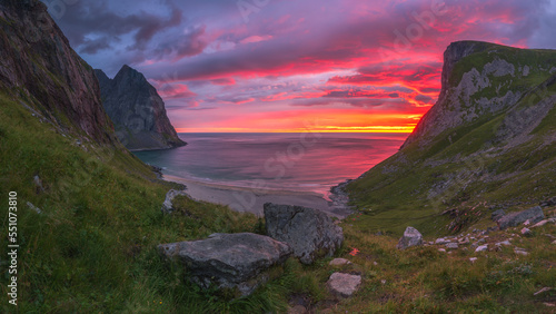 spectacular sunset at kvalvika beach on the lofoten islands, norway