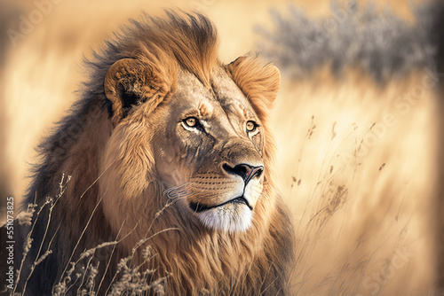 Wild African lion in the savanna. Digital art