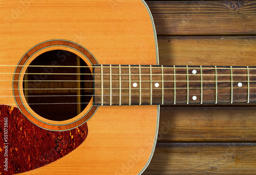acoustic guitar on wooden surface in background
